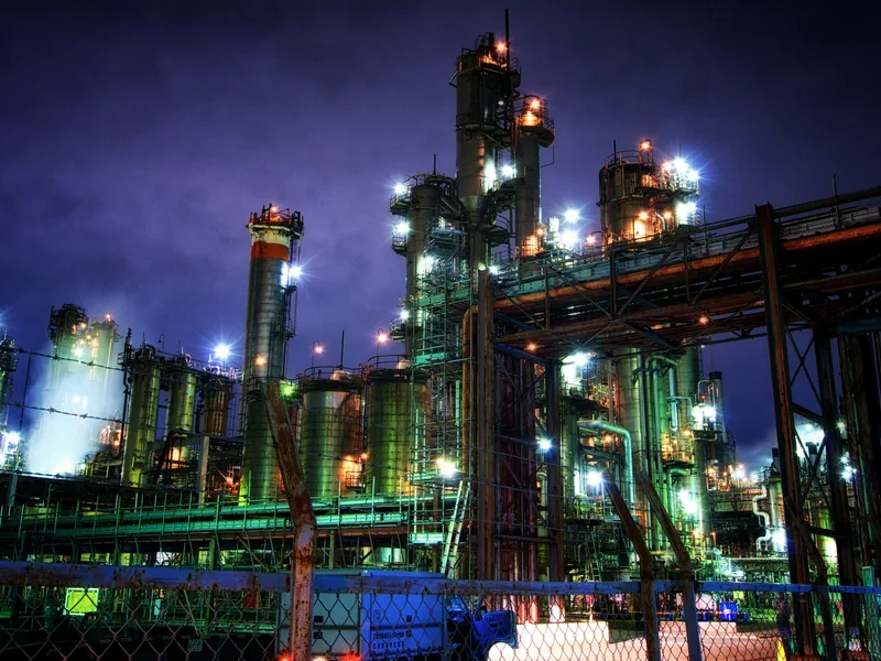Petroleum refinery at night, Kawasaki Industrial Zone, Tokyo Bay, Japan